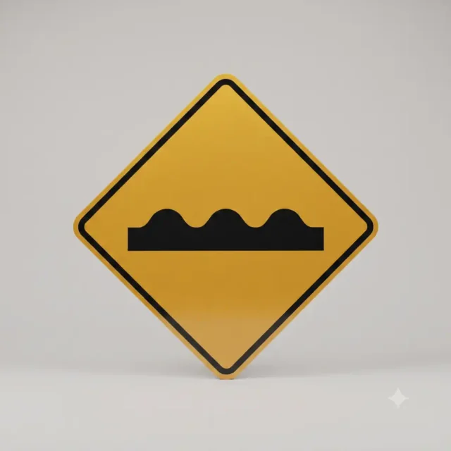 Ontario road sign: The road ahead has a bump or uneven pavement.