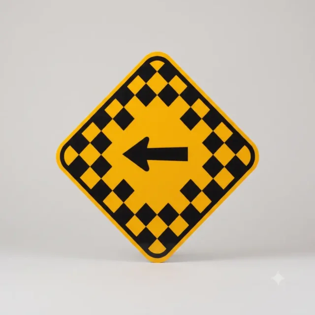 Ontario road sign: A sharp turn is ahead — slow down now.
