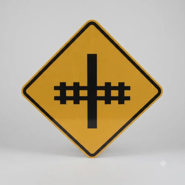 Ontario road sign: A railway crossing is ahead.