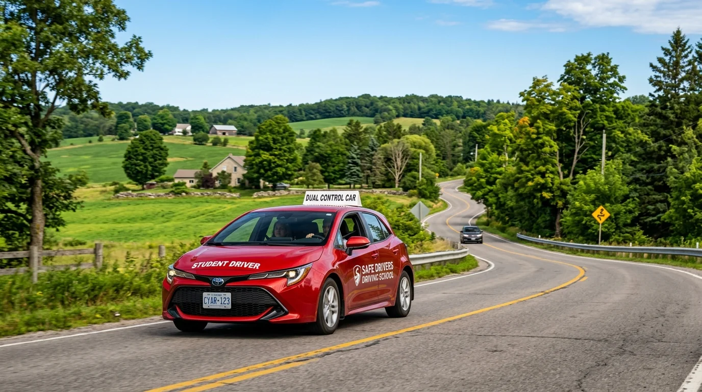 Caledon and Bolton student driving car on scenic Ontario road
