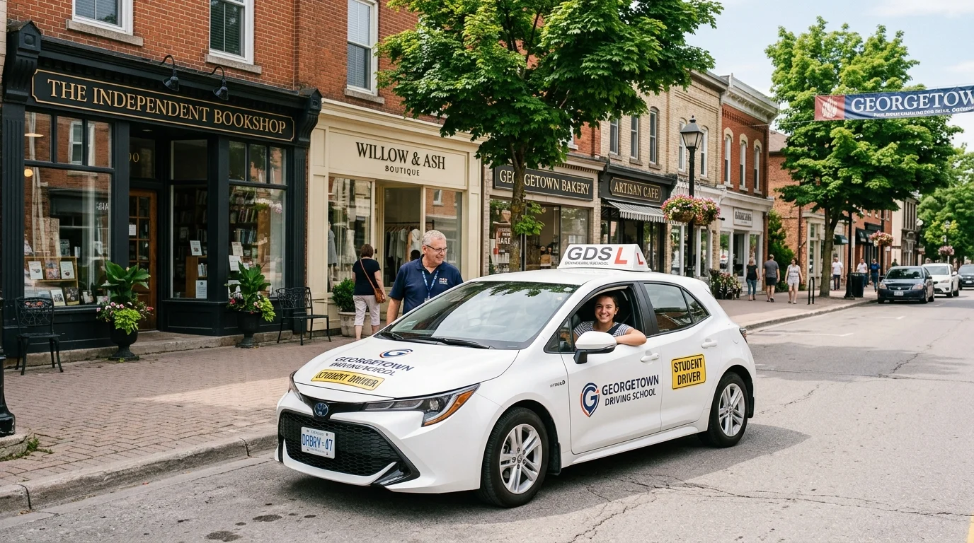 Georgetown Ontario driving school car parked on historic street