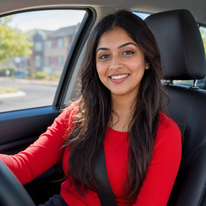 Student driver smiling behind the wheel during a G prep lesson