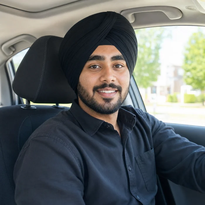 Young driver smiling behind the wheel during a refresher lesson