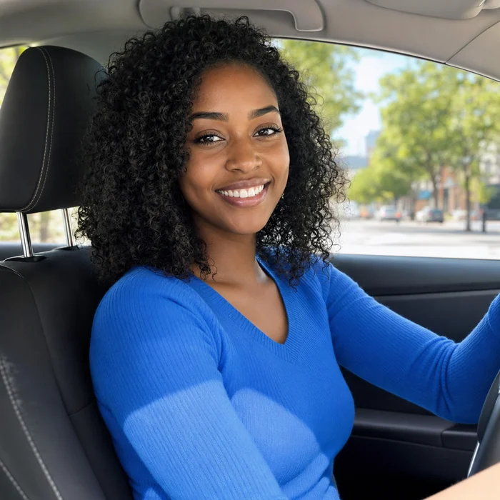 New driver smiling behind the wheel during a specialized highway driving lesson